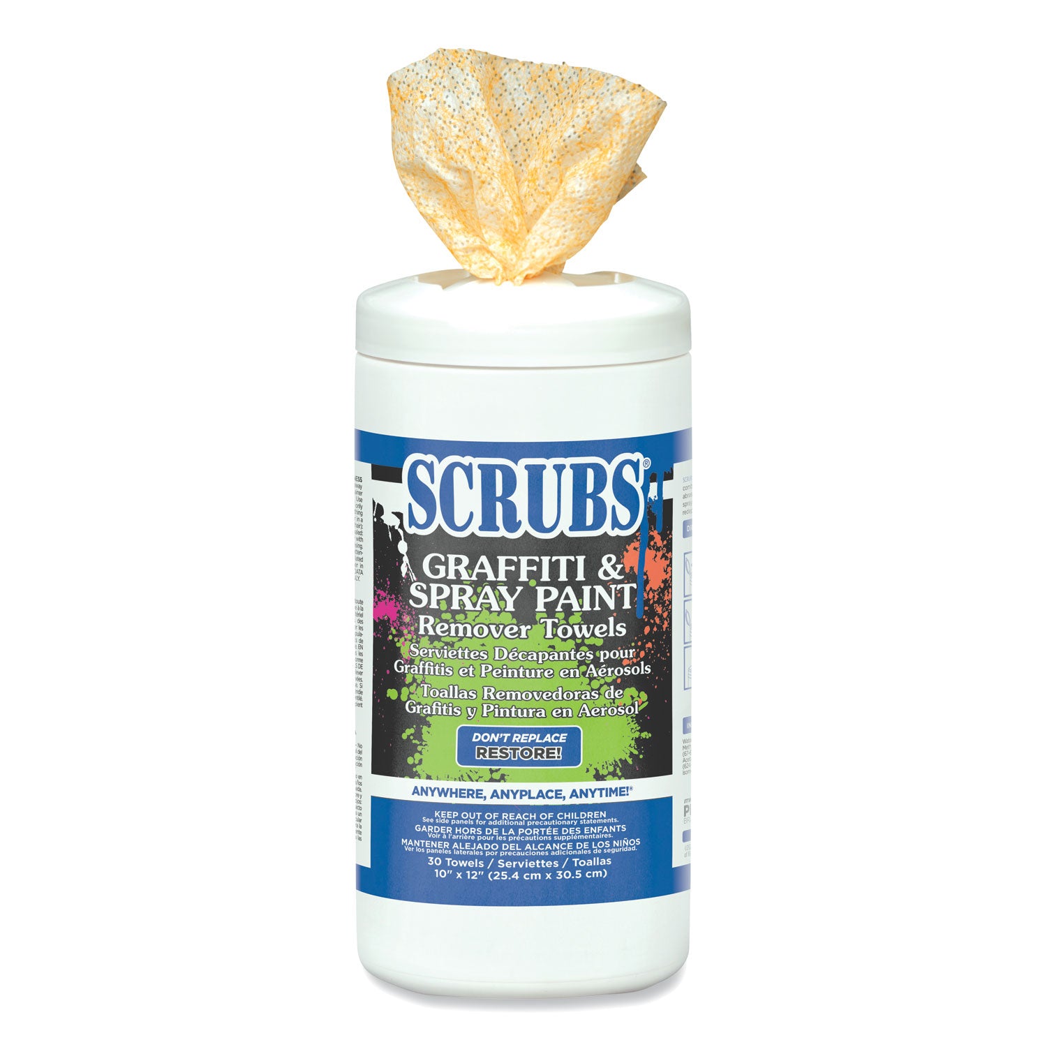 Graffiti and Paint Remover Towels, Citrus, 10 x 12, Neutral Scent, Orange on White, 30 Canister, 6 Canisters Carton on Sale