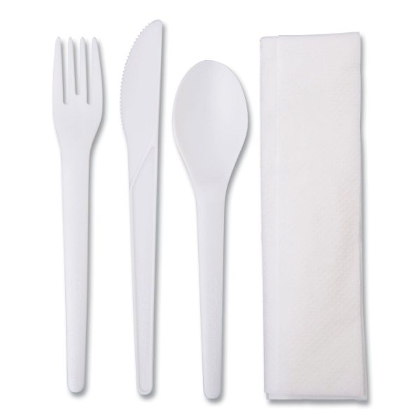 Plantware Compostable Cutlery Kit, Knife Fork Spoon Napkin, 6 , Pearl White, 250 Kits Carton For Sale