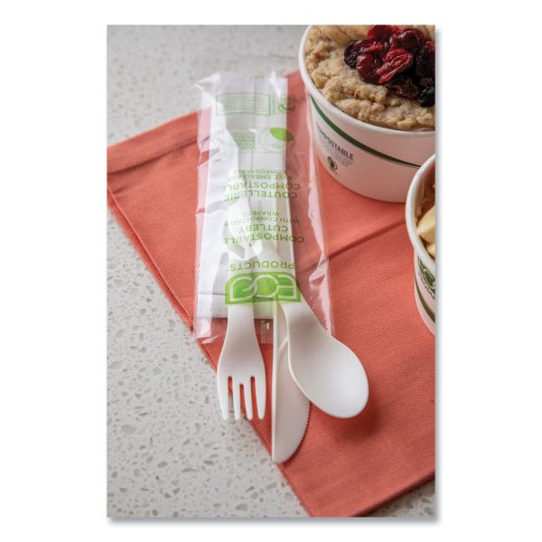 Plantware Compostable Cutlery Kit, Knife Fork Spoon Napkin, 6 , Pearl White, 250 Kits Carton For Sale - Image 4