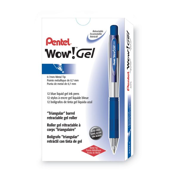 WOW! Gel Pen, Retractable, Medium 0.7 mm, Blue Ink, Clear Blue Barrel, Dozen Supply - Image 2
