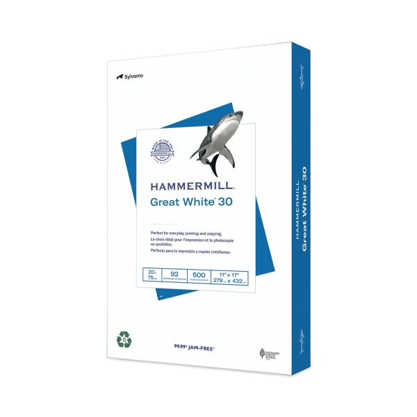 Great White 30 Recycled Print Paper, 92 Bright, 20 lb Bond Weight, 11 x 17, White, 500 Ream Discount