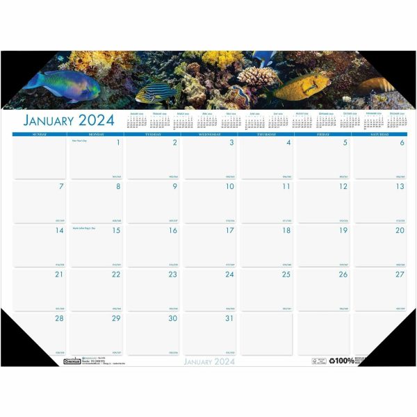 House of Doolittle EarthScapes Sea Life Desk Pads - Julian Dates - Monthly - 12 Month - January 2024 - December 2024 - 1 Month Single Page Layout - 22  x 17  Sheet Size - 2.25  x 3.06  Block - Desk Pad - White - Leatherette, Paper - Holder, Notepad, Online