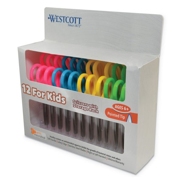 Kids  Scissors with Antimicrobial Protection, Pointed Tip, 5  Long, 2  Cut Length, Assorted Straight Handles, 12 Pack Hot on Sale