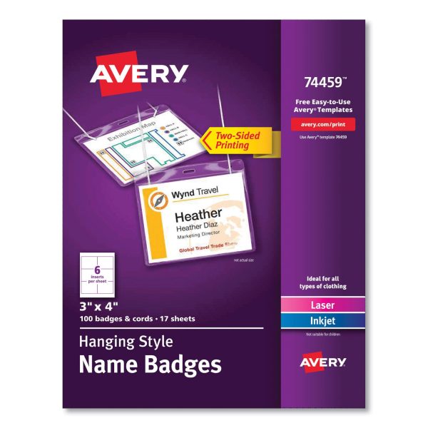 Necklace-Style Badge Holder w Laser Inkjet Insert, Top Load, 4 x 3, WE, 100 Box Supply