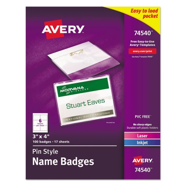 Pin-Style Badge Holder with Laser Inkjet Insert, Top Load, 4 x 3, White, 100 Box Supply