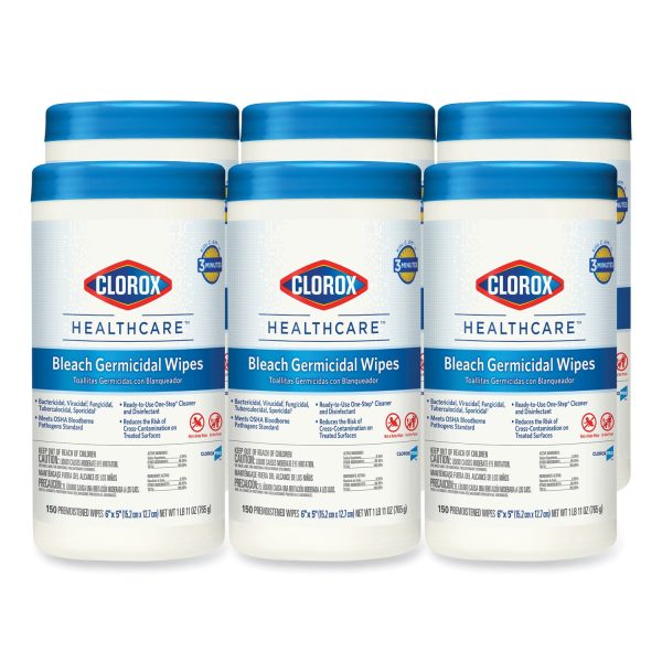 Bleach Germicidal Wipes, 1-Ply, 6 x 5, Unscented, White, 150 Canister, 6 Canisters Carton For Discount