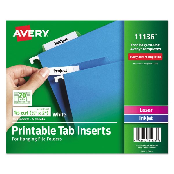 Tabs Inserts For Hanging File Folders, 1 5-Cut, White, 2  Wide, 100 Pack on Sale