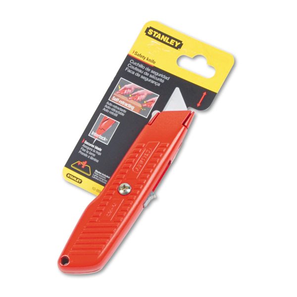 Interlock Safety Utility Knife with Self-Retracting Round Point Blade, 5.63  Metal Handle, Red Orange Online Sale - Image 2