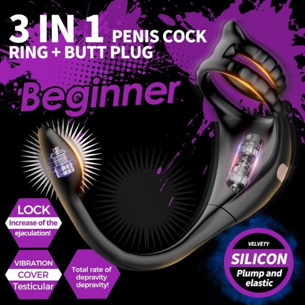 3 in 1 Penis Cock Ring with Multi Stimulations Butt Plug Cheap - Image 3