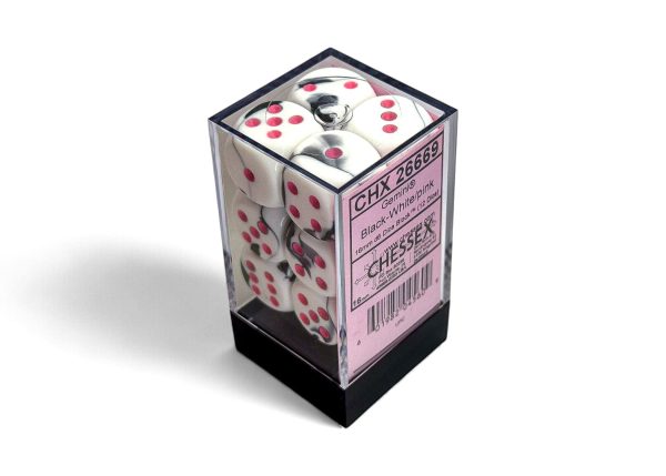 Chessex Dice: Gemini Black-White pink 16mm d6 Dice Block (12 dice) on Sale