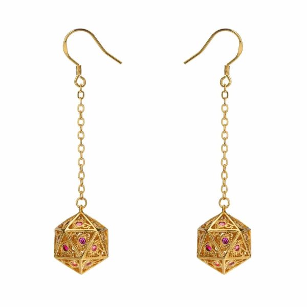 Dragon s Eye D20 Dice Earrings - Gold with Ruby Red Gems Online