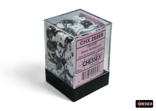 Chessex Dice: Gemini Black-White pink 12mm d6 Dice Block (36 dice) For Discount