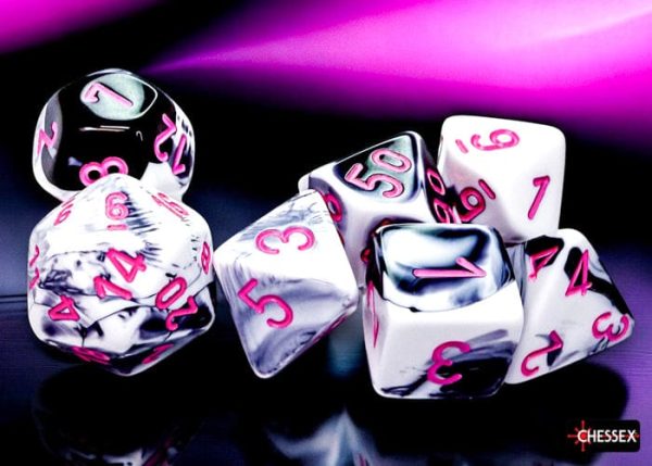 Chessex Dice: Gemini Black-White pink Polyhedral 7-Dice Set Supply