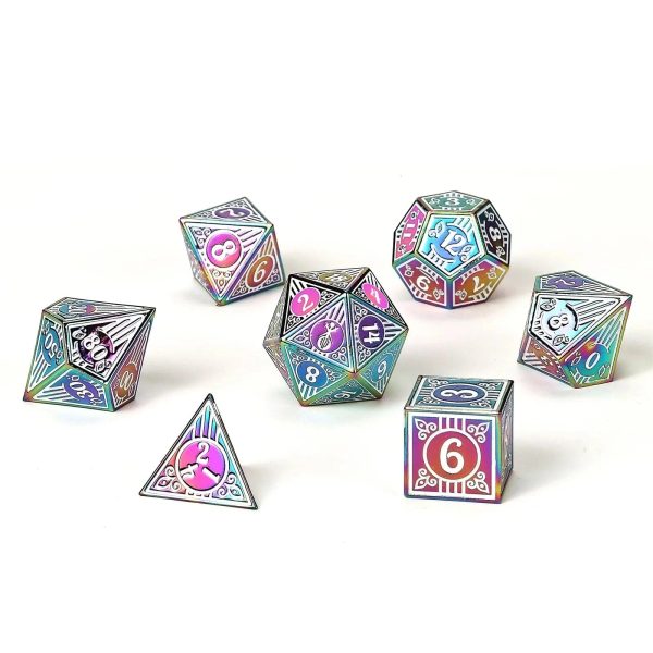 Solid Metal Bard Class RPG Dice Set - Rainbow w White Online now - Image 3