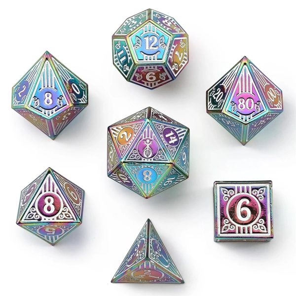 Solid Metal Bard Class RPG Dice Set - Rainbow w White Online now
