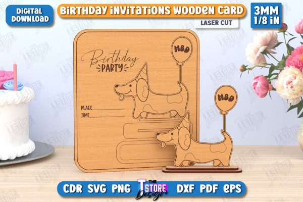 Birthday Invitation Laser Cut | Birthday Party | Dog | Wooden Invitation Card | CNC File Fashion