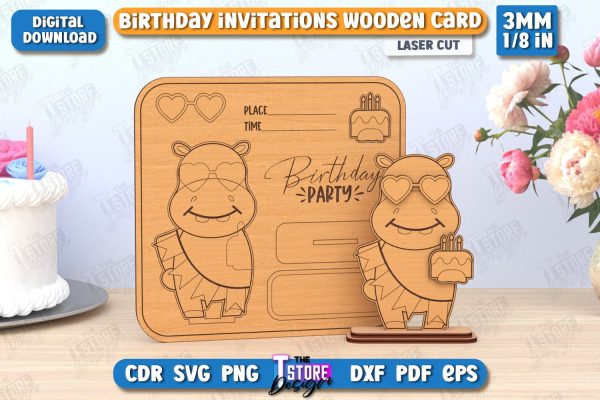 Birthday Invitation Laser Cut | Birthday Party | Hippopotamus | Wooden Invitation Card | CNC File Online now