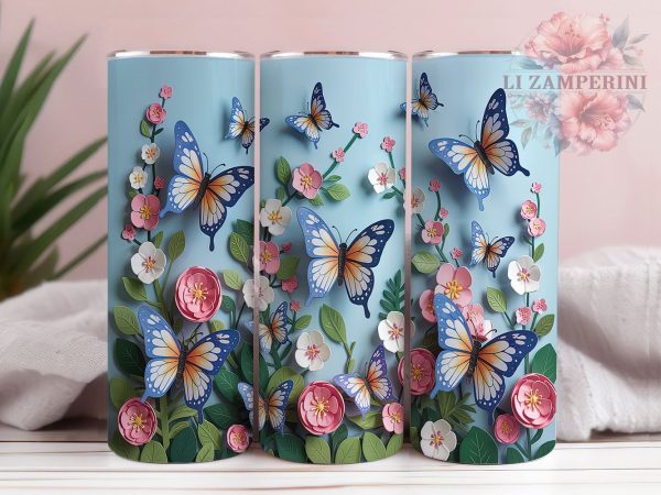 3D Blue Glitter Butterfly Tumbler, Blue Butterfly Wrap, 20oz Skinny Tumbler PNG, Sublimation Tumbler Design, Blue Glitter Butterfly, 3D Effect Tumbler, Butterfly Aesthetic Tumbler Cheap