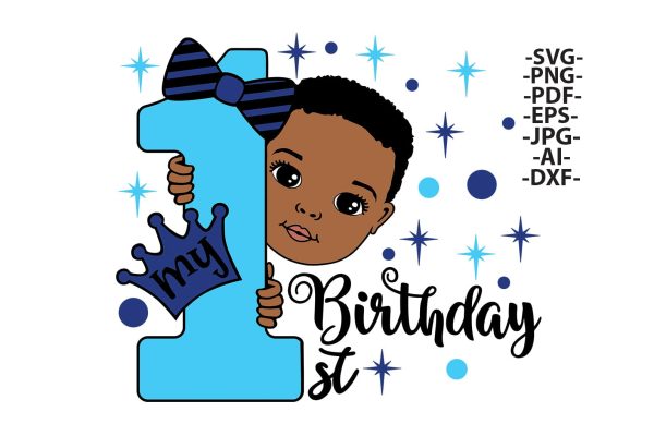 1st Birthday Boy SVG Black Baby Clipart with Blue Glitter Crown and Number One PNG DXF PDF EPS JPG AI First Birthday Design for Cricut Crafts Online now - Image 2
