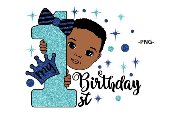 1st Birthday Boy SVG Black Baby Clipart with Blue Glitter Crown and Number One PNG DXF PDF EPS JPG AI First Birthday Design for Cricut Crafts Online now