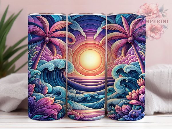 3D Beach Ocean Sunset Tumbler Wrap, Ocean Sunset Wrap, Quilling Tumbler Design, 20oz Sublimation Wrap, Tropical Beach Cup, Coastal Trees Tumbler, Artistic Ocean Design Cheap