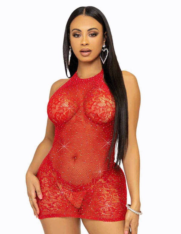 Rhinestone lace and net halter mini dress Cheap