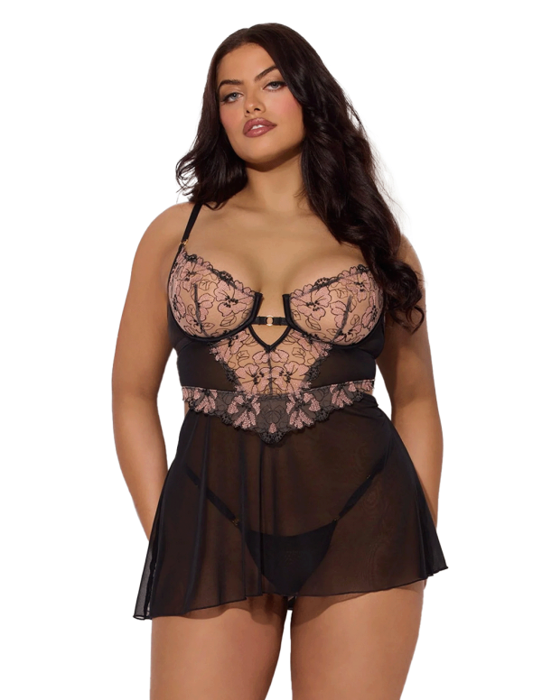 Nova Blacklight Reactive Floral Embroidered Babydoll & G-String Set Cheap - Image 3